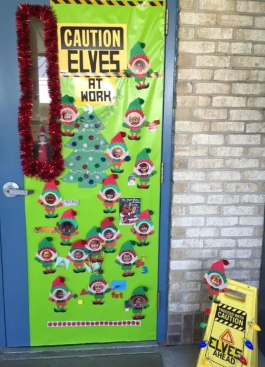 'Caution elves working!' Christmas decoration for a classroom door