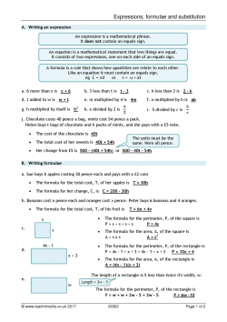 Review sheet - expressions, formulae and substitution Review sheet - expressions, formulae and substitution